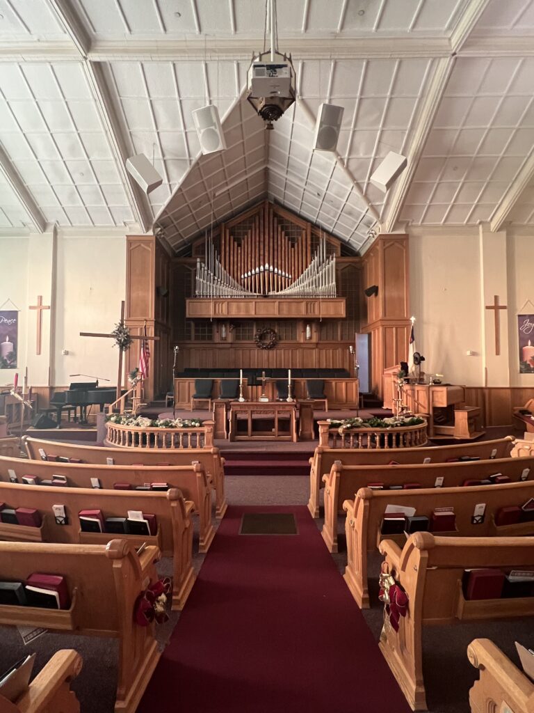View of the sanctuary, facing the altar, of the First United Methodist in Cheyenne Wyoming